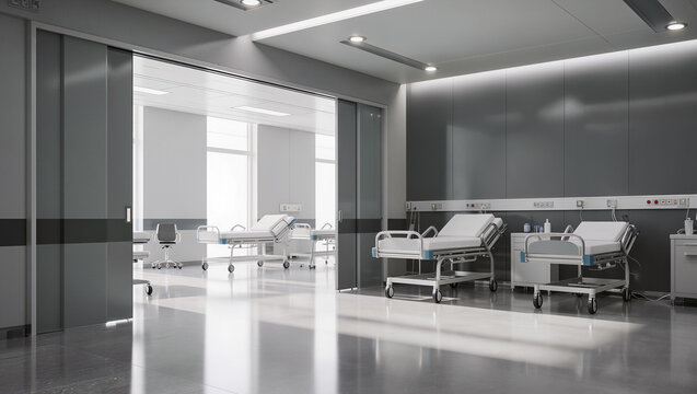 Modern Hospital Ward Interior with Empty Medical Beds