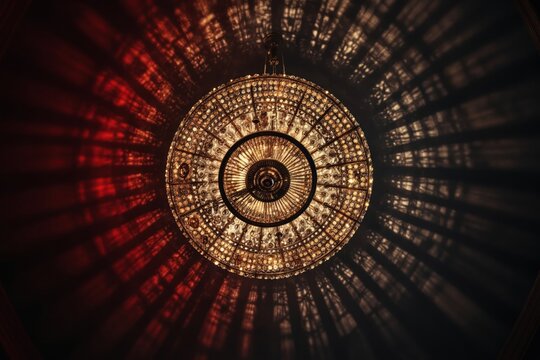 Ornate round chandelier hangs from ceiling. Detailed light fixture creates sunburst patterns on dark walls. Interior luxury illumination adds elegant ambiance. Warm light glows.