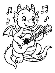 Fototapeta premium Cute Dragon Playing Guitar: A happy cartoon dragon is playing a guitar and singing with musical notes surrounding it. This illustration is perfect for kids and for projects related to music.