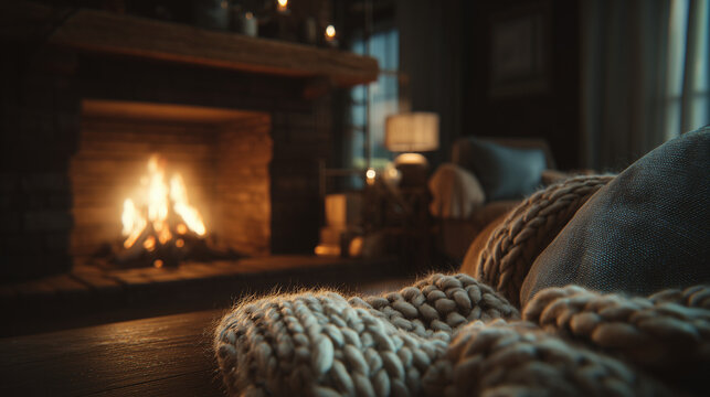 Cozy dark living room interior with a warm glowing fireplace, knit blanket on the sofa, comfortable winter atmosphere.
