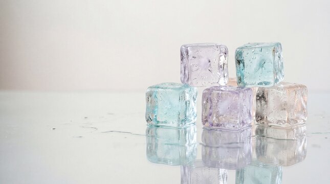 Colorful transparent ice cubes on reflective surface