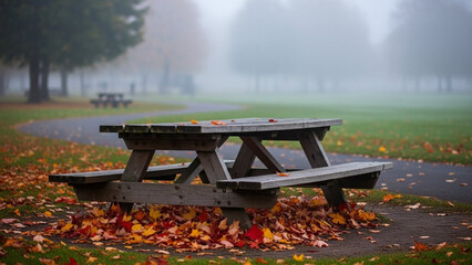 Obraz premium Old weathered wooden picnic table surrounded by fallen autumn leaves on a foggy park pathway