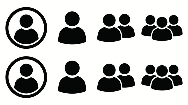 Set of simple black-and-white user avatars and group icons representing people, profiles, and teamwork