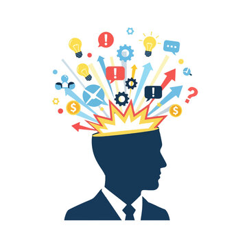 A silhouette of a human head with various creative icons exploding from the top