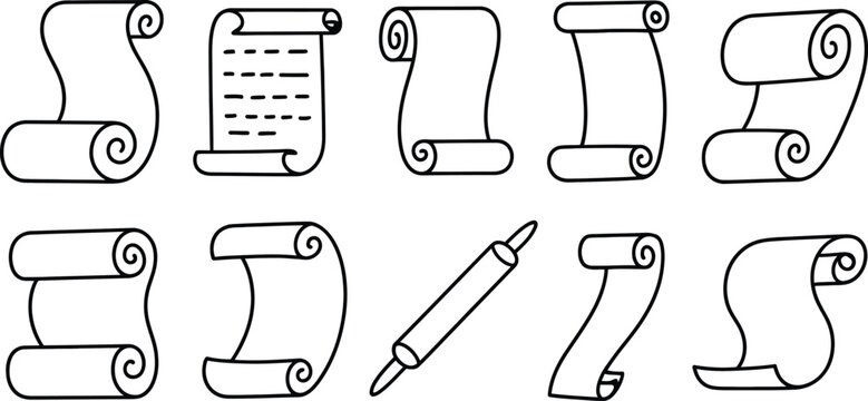 scroll vector line drawings set of ten scroll icons and roller