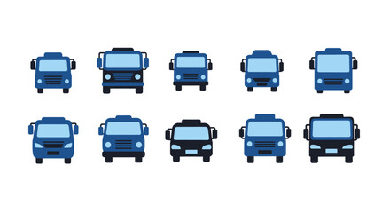Naklejka premium A collection of ten pixel art style blue bus icons, showing various front views of public transport vehicles.