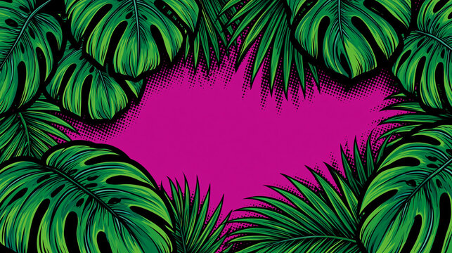 Comic book tropical leaf frame with green monstera and bright pink copy space