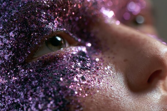 Close-up of a woman's cheekbone adorned with purple glitter, showcasing intricate details of skin texture and sparkling cosmetic application