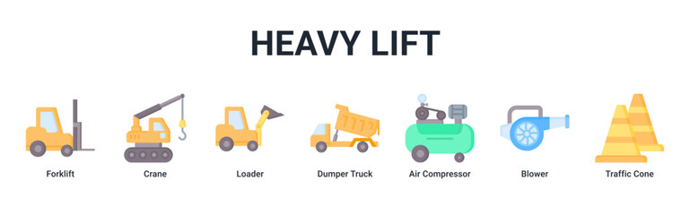 Heavy Lift web banner icon vector illustration with Forklift, Crane, Loader, Dumper Truck, Air Compressor, Blower and Traffic Cone © Arjuna