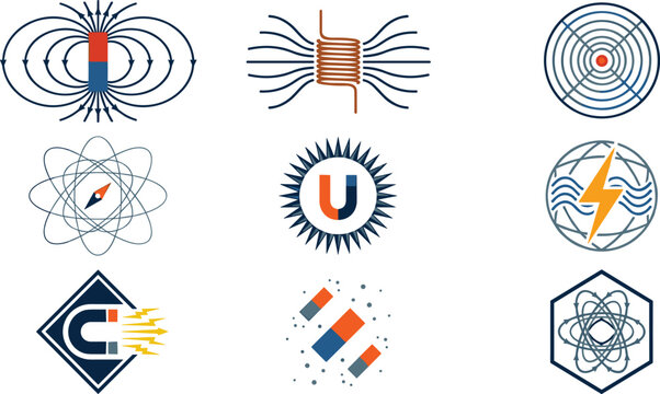 Magnetic Field and Electromagnetism Icon Collection with Physics Symbols, Energy Concepts, Scientific Elements, and Technology Vector Designs