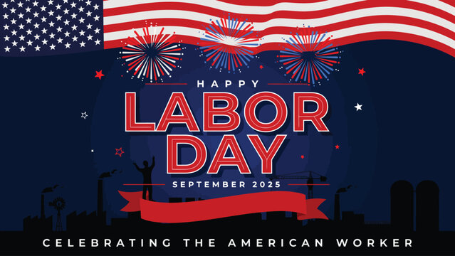 Happy labor day with fireworks american flag and a city skyline backdrop