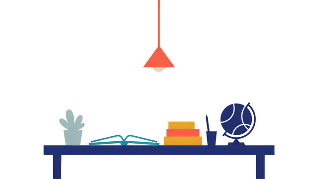 Minimalist workspace desk with hanging lamp, cactus, globe, and books Vector