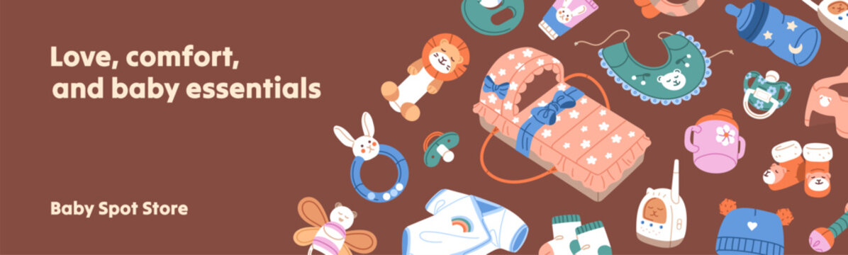 Advertising banner design of baby store with border from newborn items. Promotion template of shop with different clothes, toys and accessories for caring about infant kids. Flat vector illustration