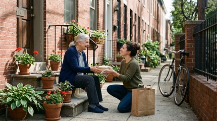 Fototapeta premium Front Step Neighbor Exchange Showing Everyday Residential Mutual Support