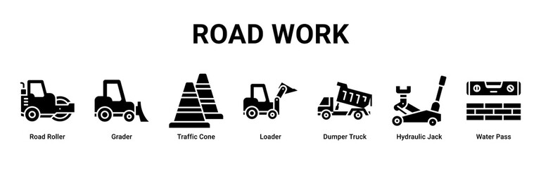 Road Work web banner icon vector illustration with Road Roller, Grader, Traffic Cone, Loader, Dumper Truck, Hydraulic Jack and Water Pass © Arjuna