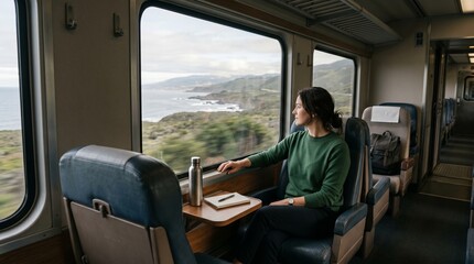 Fototapeta premium Scenic train window journey with coastal landscape and quiet traveler