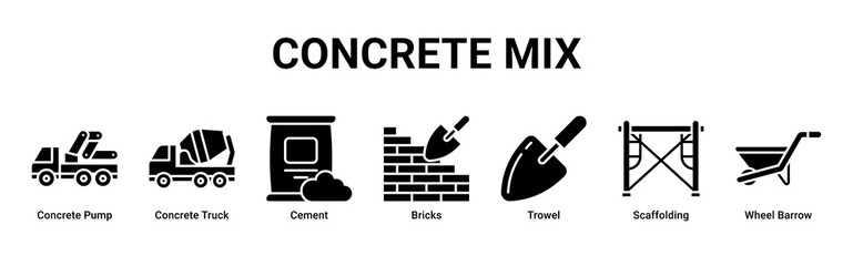 Naklejka premium Concrete Mix web banner icon vector illustration with Concrete Pump, Concrete Truck, Cement, Bricks, Trowel, Scaffolding and Wheel Barrow