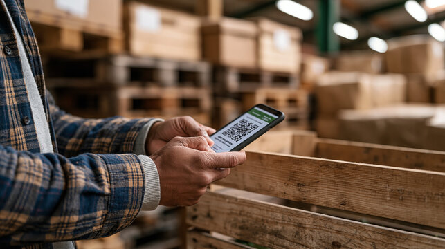 Close up hands of a food safety auditor scanning a QR code on an organic produce crate inside a warehouse, certification verification screen displaying chain of custody data,
