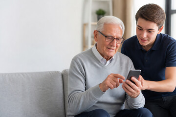 Fototapeta premium An older man and a younger man are sitting on a couch looking at a smartphone together in a bright, modern living room.