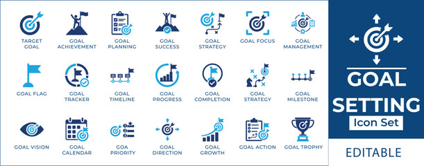 Goal setting icon set featuring business target achievement, project milestone roadmap, strategic planning calendar, mission success trophy, and objective tracking symbols. © FlatCore Studio