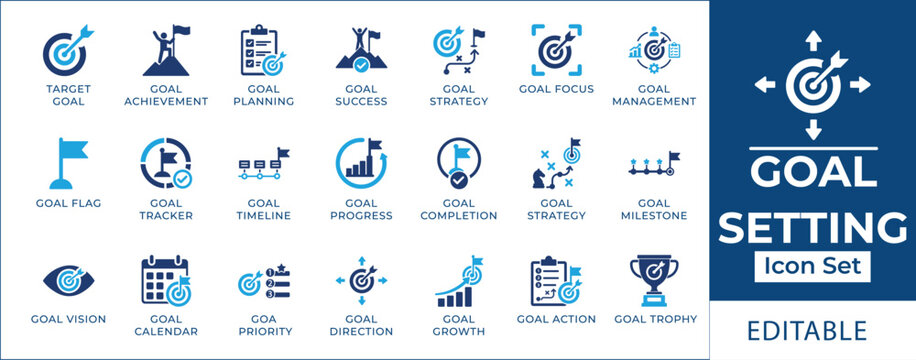 Goal setting icon set featuring business target achievement, project milestone roadmap, strategic planning calendar, mission success trophy, and objective tracking symbols.