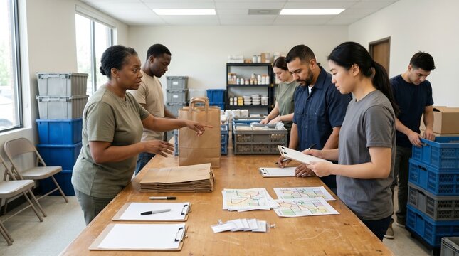 Volunteer coordination table organizing meal delivery logistics for outreach