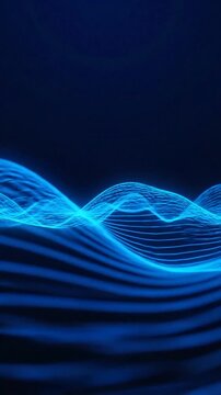 Glowing blue digital waves flow across a dark background