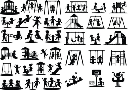 Playground icons, kids playing, black silhouettes, vector graphics, 40 playground elements