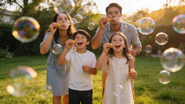 Happy parents and kids enjoying soap bubbles in park