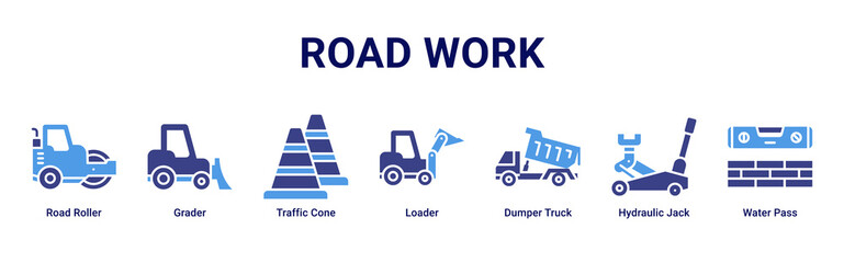 Road Work web banner icon vector illustration with Road Roller, Grader, Traffic Cone, Loader, Dumper Truck, Hydraulic Jack and Water Pass © Arjuna