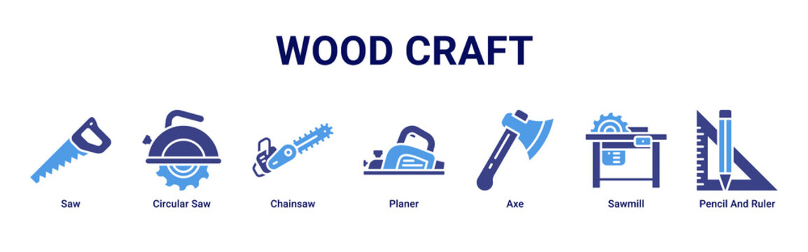Wood Craft web banner icon vector illustration with Saw, Circular Saw, Chainsaw, Planer, Axe, Sawmill and Pencil And Ruler for woodworking projects