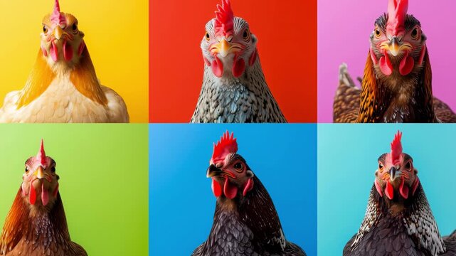 Chickens are arranged against various colorful backgrounds showcasing their features in the collage