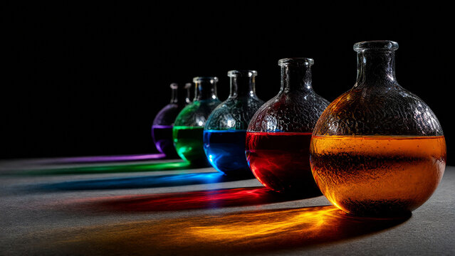 Colorful liquids in round glass demijohns creating light refraction, dark background, crisp details.