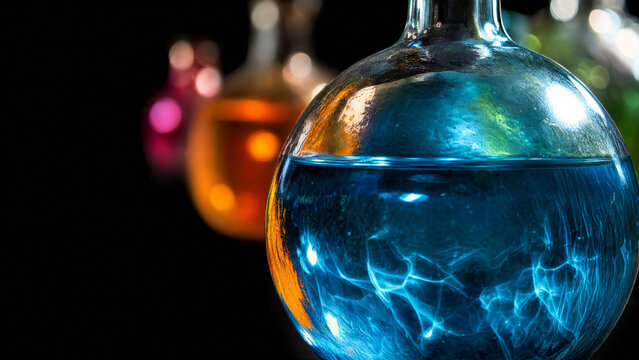 Colorful liquids in round glass demijohns creating light refraction, dark background, crisp details.