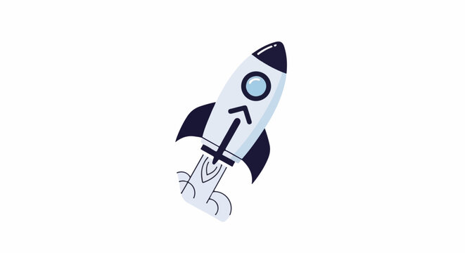Stylized rocket blasting off with exhaust trails and a window