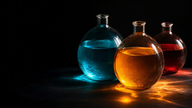Colorful liquids in round glass demijohns creating light refraction, dark background, crisp details.
