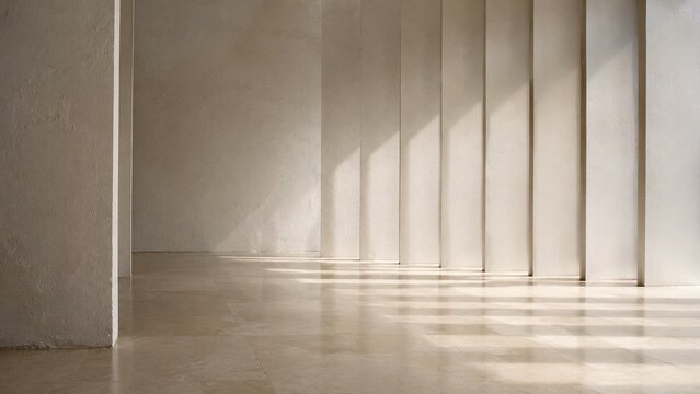 Minimal Architectural Interior with Rhythmic Sunlight Shadows and Elegant Columns