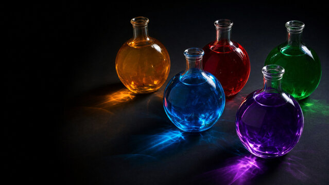 Colorful liquids in round glass demijohns creating light refraction, dark background, crisp details.