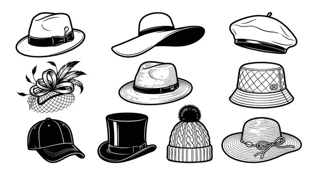 Fashionable Men and Women Hats Collection Silhouette Vector