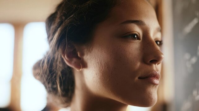Close-up portrait of a young woman's face. she appears to be in her late twenties or early thirties, with dark hair pulled back in a messy bun.