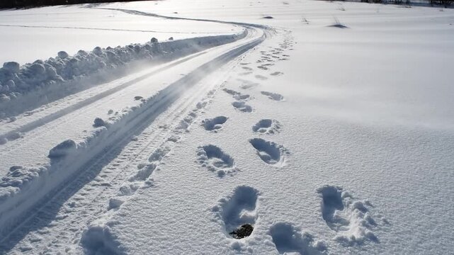 Pathway of tire tracks and footprints in white winter snow