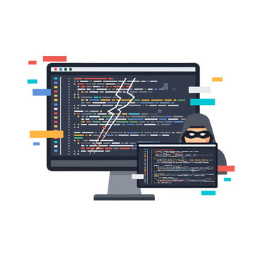 A digital illustration of a mysterious hacker working on computer code