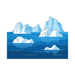 A flat vector illustration of icebergs floating in the deep blue ocean water © Emma