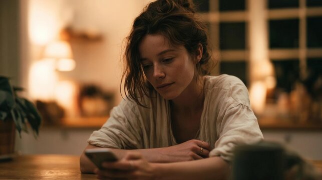 Young woman sitting at a wooden table in a kitchen. she is wearing a white blouse and has her hair tied up in a messy bun. the woman is looking down at her phone with a serious expression on her face.