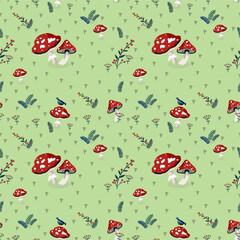 A charming seamless pattern featuring red fly agaric mushrooms, woodland herbs, berry branches, and tit birds on a soft green background © Svetlana