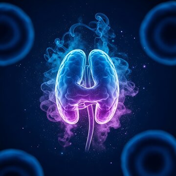 A human thymus gland dissolving into a swirl of blue and purple smoke and glowing dust particles, set against a deep blue microscopic background, symbolizing immune system decay or lymphatic involutio