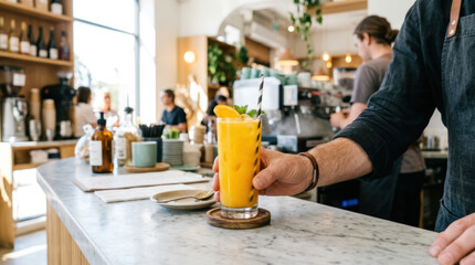 Obraz premium Orange juice cafe serving glass barista counter marble beverage fresh citrus drink served by barista on cafe counter with blurred interior and relaxed hospitality atmosphere