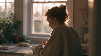 Fototapeta premium Young woman sitting at a kitchen counter with a bowl of food in front of her. she is wearing a grey sweater and her hair is tied up in a messy bun.