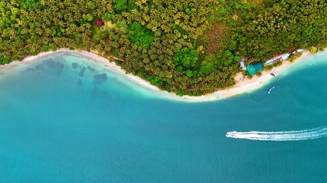 Overhead view of coral reef and white sand beach, Bocas del Toro, Panama. Top down drone shot of speedboat trail, turquoise shallows and palm grove on curved shoreline.