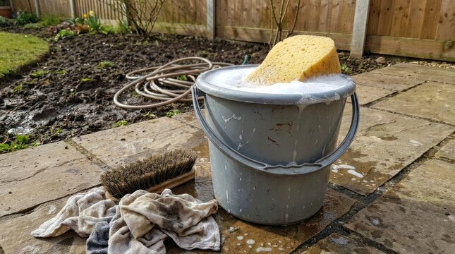 Grey bucket containing soapy water for cleaning in outdoor setting
